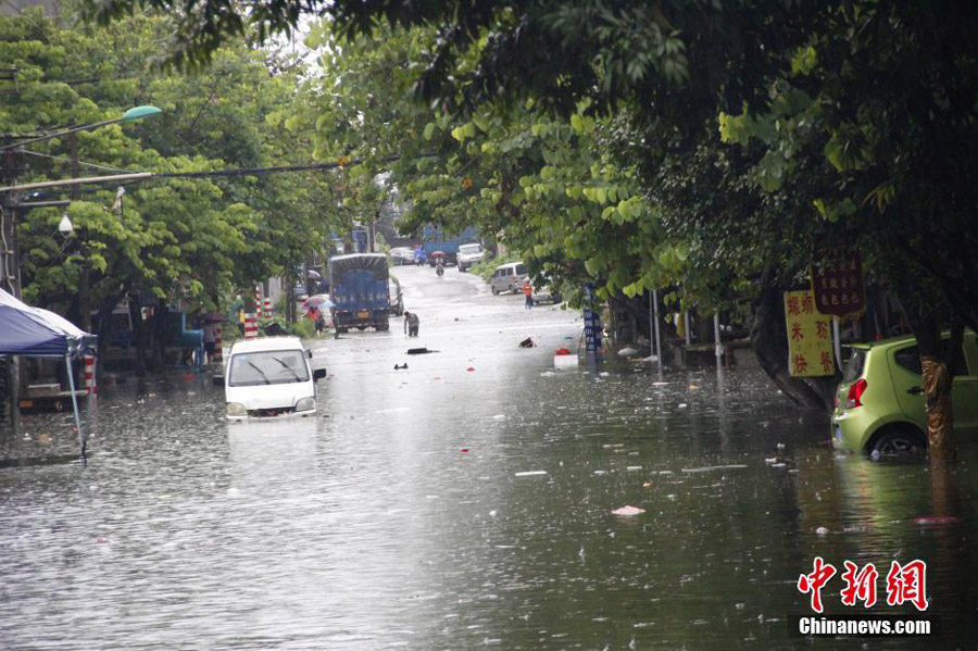 Photo taken on June 14, 2016 show cars partially submerged in water in Liujiang County of Liuzhou, south China