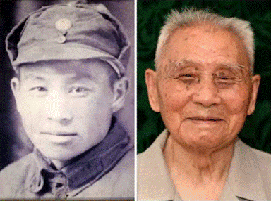 左图：1945年抗日战争胜利后不久，在山东单县，王承登身着军装留影。（资料照片） 右图：2014年7月30日，100岁的王承登在江西赣州市家中留影。新华社记者 陈子夏 摄
