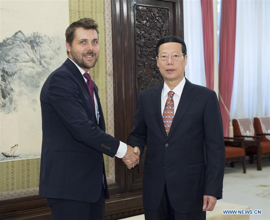 Chinese Vice Premier Zhang Gaoli (R) meets with Brian Deese, senior advisor to U.S. President Barack Obama, in Beijing, capital of China, Aug. 24, 2016.