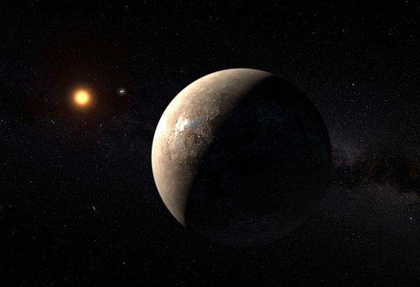This artist&rsquo;s impression shows the planet Proxima b orbiting the red dwarf star Proxima Centauri, our closest star. The double star Alpha Centauri AB is also visible in the image.(ESO/M. Kornmesser)