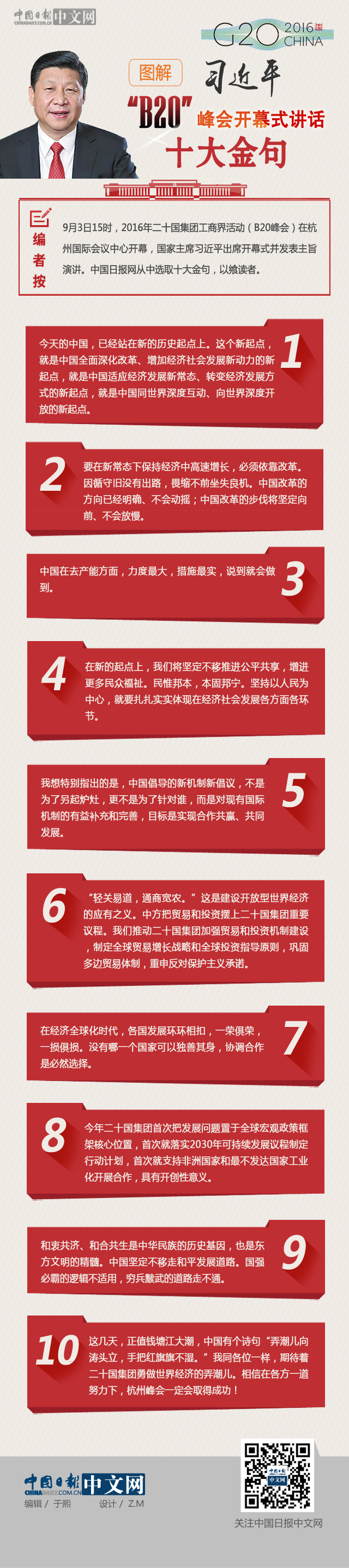 习近平&ldquo;B20&rdquo;峰会开幕式讲话10大金句