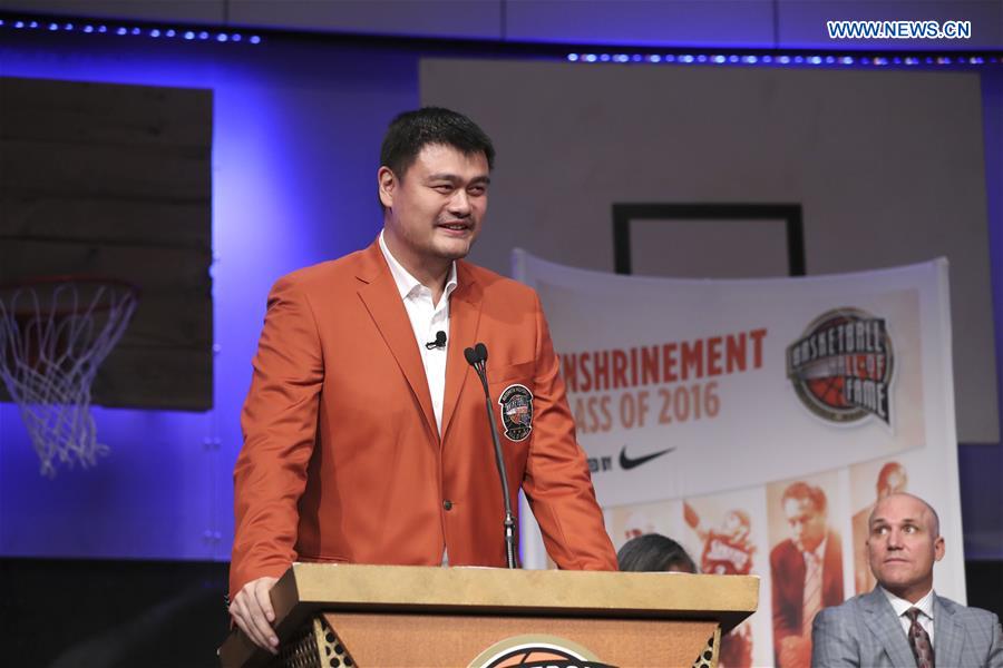 2016 class of inductees into the Basketball Hall of Fame, Yao Ming of China speaks during a press conference at the Naismith Memorial Basketball Hall of Fame, Sept. 8, 2016. Chinese basketball star Yao Ming and his Class of 2016 Hall of Fame made their debut Thursday with orange inductee jackets for the upcoming Enshrinement Ceremony here. The enshrinement ceremony will be held on Sept. 9, 2016. (Xinhua/Wang Ying)