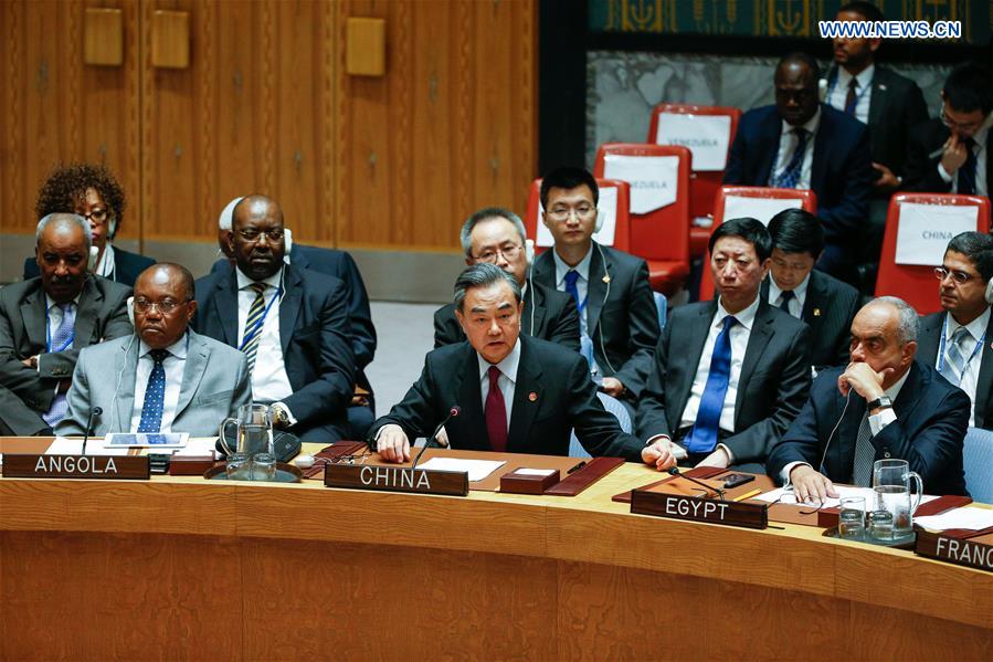 Chinese Foreign Minister Wang Yi(C, front) attends a high-level UN Security Council meeting at the UN headquarters in New York, Sept. 21, 2016. China, a permanent member of the UN Security Council, will continue to fulfill its duties and play its due role for peace and stability in the Middle East, said Chinese Foreign Minister Wang Yi on Wednesday. (Xinhua/Li Muzi)