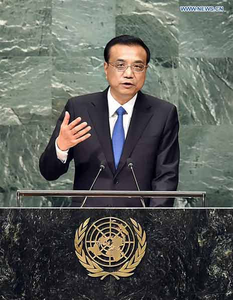 Chinese Premier Li Keqiang speaks during the general debate of the UN General Assembly at the UN headquarters in New York Sept. 21, 2016. Premier Li called for joint efforts to address sustainable development, global challenges. (Xinhua/Li Tao)