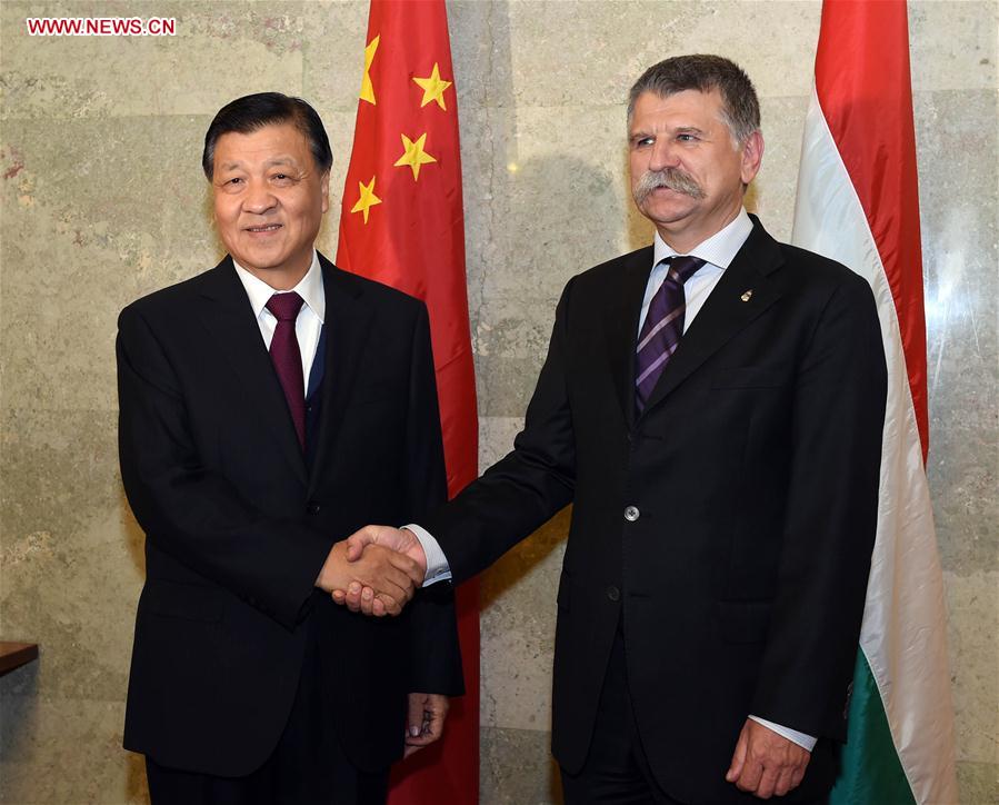 Liu Yunshan (L), a member of the Standing Committee of the Political Bureau of the Communist Party of China Central Committee, meets with Hungarian Parliament Speaker Laszlo Kover in Budapest, Hungary, Oct. 6, 2016. (Xinhua/Rao Aimin) 