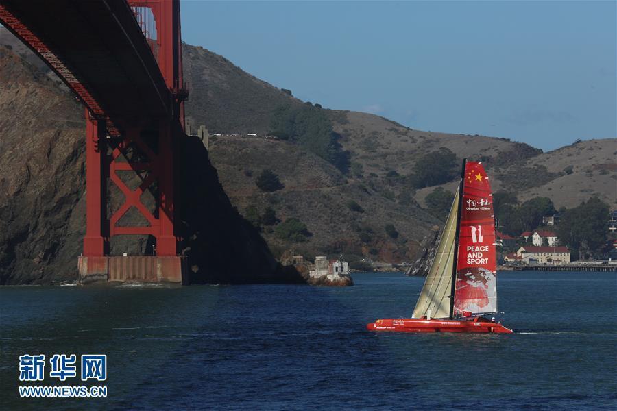 File Photo taken on Oct. 18, 2016 shows Chinese mariner Guo Chuan sailing his trimaran under San Francisco