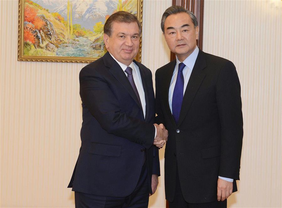 Uzbek acting president Shavkat Mirziyoyev (L) meets with Chinese Foreign Minister Wang Yi in Tashkent, Uzbekistan, Nov. 12, 2016. (Xinhua/Sadat)