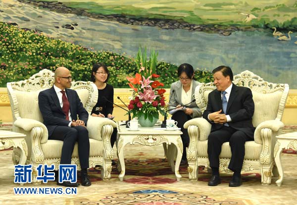 Liu Yunshan, member of the Standing Committee of the Political Bureau of the CPC Central Committee, has met chief executive officer of Microsoft, Satya Nadella, in Beijing on Monday.