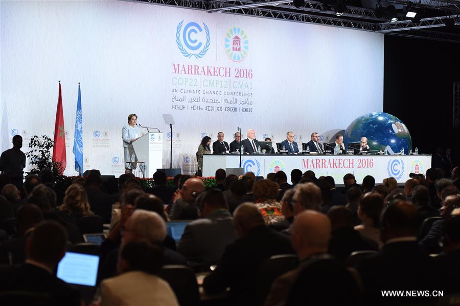 Patricia Espinosa, executive secretary of UNFCCC, speaks at the opening of the joint High-Level Segment of the 22nd Conference of the Parties to the United Nations Framework Convention on Climate Change (COP22) and the 12th Conference of the Parties to the Kyoto Protocol (CMP12) in Marrakech, Morocco, on Nov. 15, 2016. The joint High-Level Segment of COP22 and CMP12 opens here Tuesday. (Xinhua/Zhao Dingzhe) 