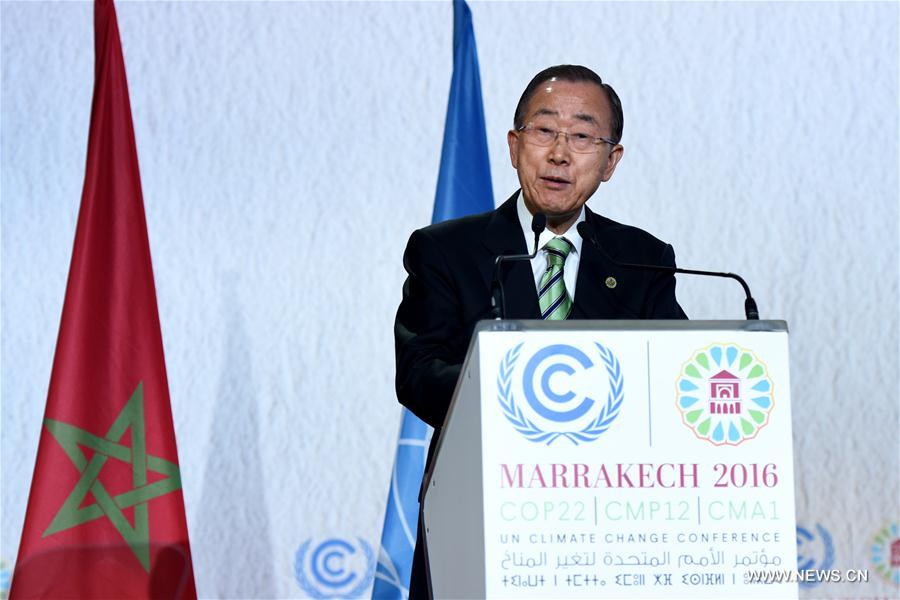 United Nations Secretary-General Ban Ki-moon addresses the opening of the joint High-Level Segment of the 22nd Conference of the Parties to the United Nations Framework Convention on Climate Change (COP22) and the 12th Conference of the Parties to the Kyoto Protocol (CMP12) in Marrakech, Morocco, on Nov. 15, 2016. The joint High-Level Segment of COP22 and CMP12 opened here Tuesday.(Xinhua/Zhao Dingzhe) 