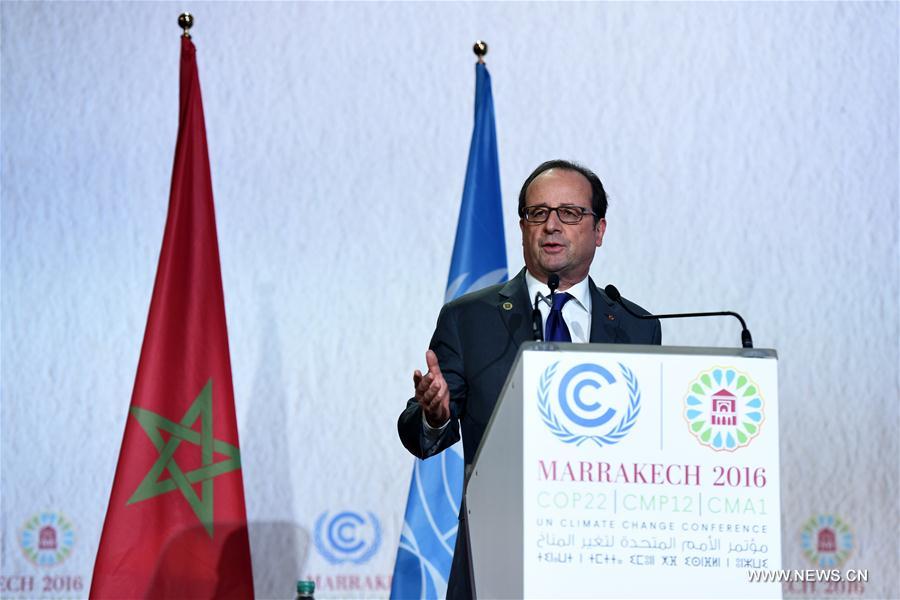 French President Francois Hollande speaks at the opening of the joint High-Level Segment of the 22nd Conference of the Parties to the United Nations Framework Convention on Climate Change (COP22) and the 12th Conference of the Parties to the Kyoto Protocol (CMP12) in Marrakech, Morocco, on Nov. 15, 2016. The joint High-Level Segment of COP22 and CMP12 opened here Tuesday. (Xinhua/Zhao Dingzhe) 