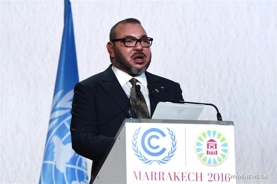 King Mohammed VI of Morocco addresses the opening of the joint High-Level Segment of the 22nd Conference of the Parties to the United Nations Framework Convention on Climate Change (COP22) and the 12th Conference of the Parties to the Kyoto Protocol (CMP12) in Marrakech, Morocco, on Nov. 15, 2016. The joint High-Level Segment of COP22 and CMP12 opened here Tuesday. (Xinhua/Zhao Dingzhe) 