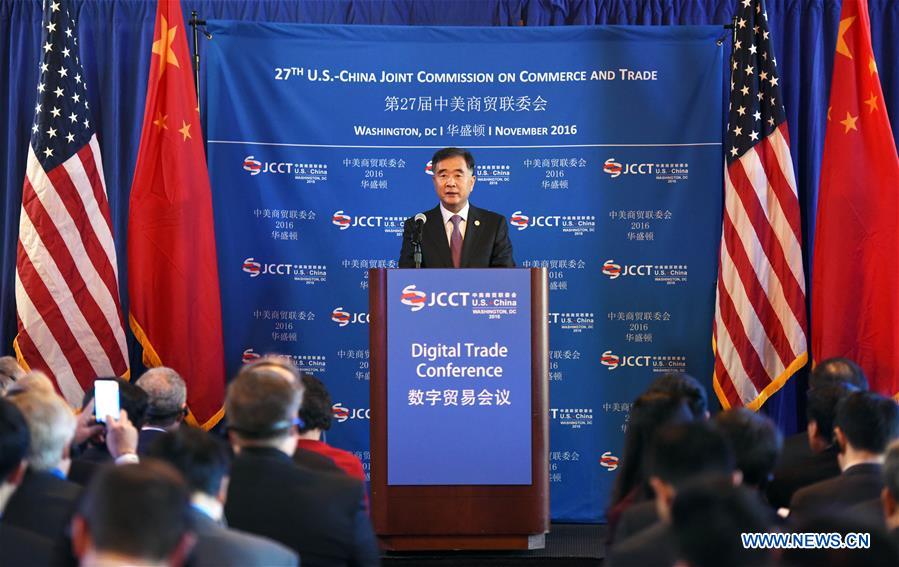 Chinese Vice Premier Wang Yang delivers a speech at a forum under the 27th session of the China-U.S. Joint Commission on Commerce and Trade (JCCT), in Washington D.C., the United States, Nov. 22, 2016. China is committing to creating an open environment for digital economy and is willing to work with international community to discuss rules for digital economy-related issues, said Chinese Vice Premier Wang Yang on Tuesday. (Xinhua/Yin Bogu)