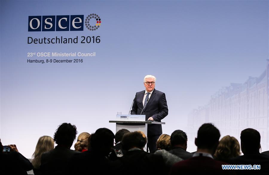 German Foreign Minister and the 2016 Organization for Security and Cooperation in Europe (OSCE) Chairperson-in-Office Frank-Walter Steinmeier speaks during a press conference before the opening session of the 23rd annual meeting of OSCE Ministerial Council in Hamburg, northern Germany, Dec. 8, 2016. The OSCE Ministerial Council convened Thursday its 23rd annual meeting to discuss security issues including conflicts in Ukraine and Syria. (Xinhua/Shan Yuqi)