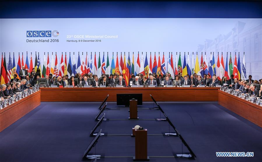 Photo taken on Dec. 8, 2016 shows the opening session of the 23rd annual meeting of Organization for Security and Cooperation in Europe (OSCE) Ministerial Council in Hamburg, northern Germany. The OSCE Ministerial Council convened Thursday its 23rd annual meeting to discuss security issues including conflicts in Ukraine and Syria. (Xinhua/Shan Yuqi)