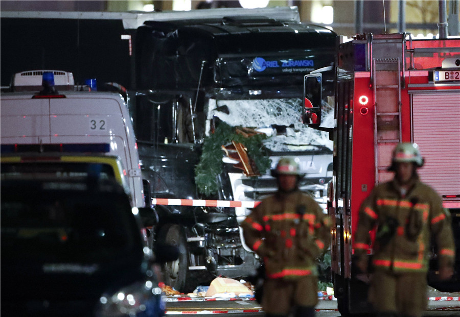 Parts of a Christmas market decoration stick in the windscreen of a truck following an accident with the truck on Breitscheidplatz square near the fashionable Kurfuerstendamm avenue in the west of Berlin, Germany, Dec 19, 2016. 