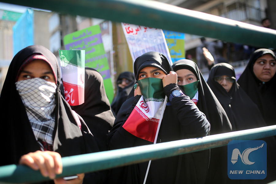 Iranian students take part in a rally marking the 37th anniversary of taking over the U.S. embassy by a group of Iranian students in Tehran, capital of Iran, on Nov. 3, 2016.(Xinhua Photo)