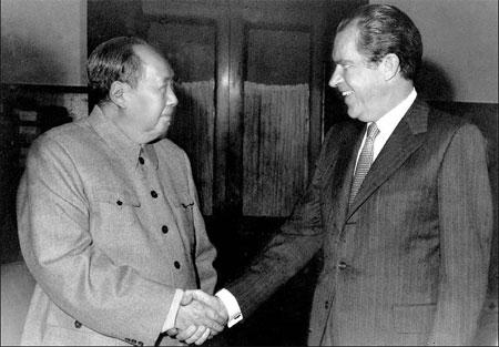 Chairman Mao Zedong meets former US president Richard Nixon at Zhongnanhai in Beijing on Feb 21, 1972.