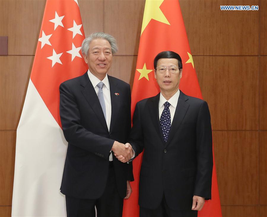 Chinese Vice Premier Zhang Gaoli (R) meets with Singapore Deputy Prime Minister Teo Chee Hean, and they co-chair four high-level cooperative meetings between China and Singapore, including the 13th China-Singapore Joint Council for Bilateral Cooperation Meeting, the 18th China-Singapore Suzhou Industrial Park Joint Steering Council Meeting, the 9th China-Singapore Tianjin Eco-City Joint Steering Council Meeting, and the First China-Singapore (Chongqing) Demonstration Initiative on Strategic Connectivity Joint Steering Council Meeting, in Beijing, capital of China, Feb. 27, 2017.(Xinhua/Wang Ye)
