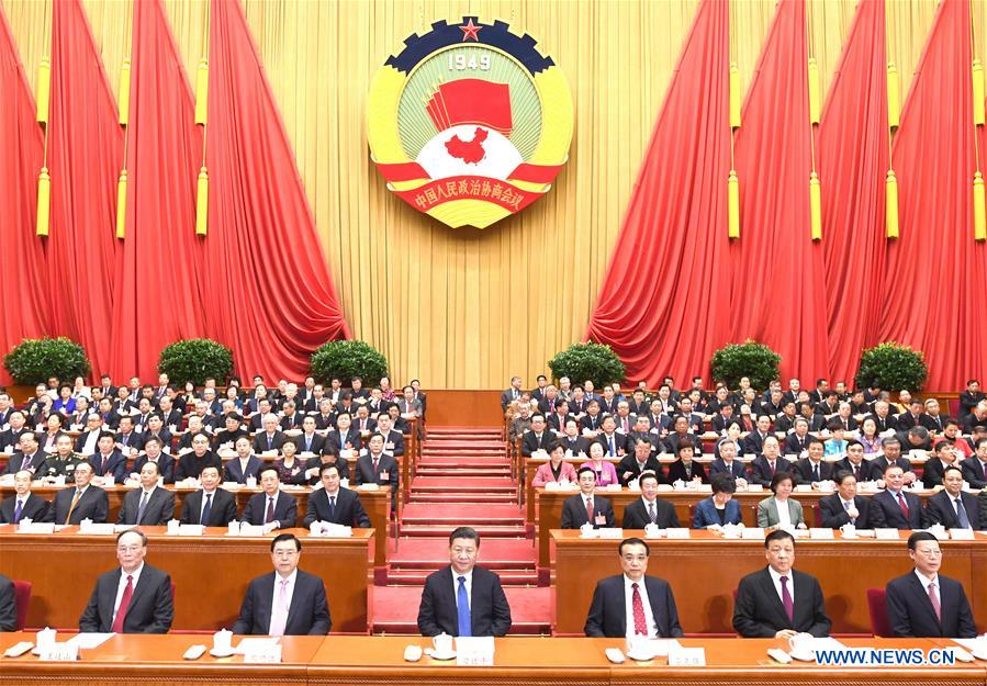 Xi Jinping (3rd L, front), Li Keqiang (3rd R, front), Zhang Dejiang (2nd L, front), Liu Yunshan (2nd R, front), Wang Qishan (1st L, front) and Zhang Gaoli (1st R, front) attend the closing meeting of the fifth session of the 12th National Committee of the Chinese People