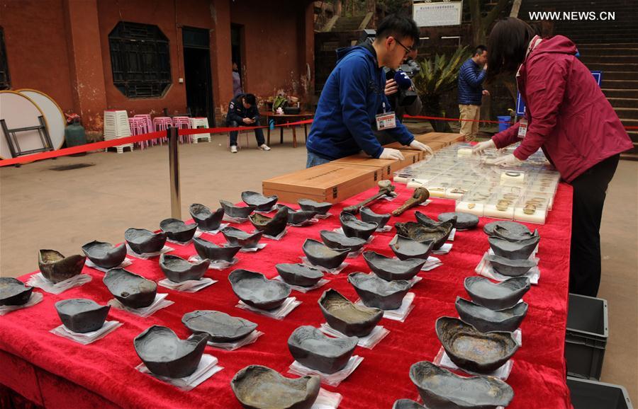 Photo taken on March 17, 2017 shows cultural relics unearthed during an archaeological excavation at Pengshan District in Meishan City, southwest China
