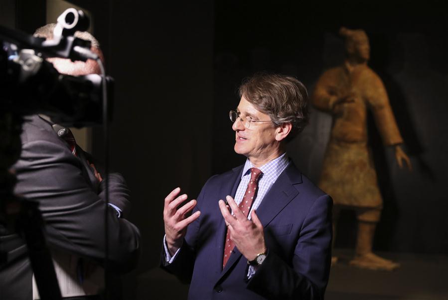 Thomas P. Campbell, Director of The Metropolitan Museum of Art, talks to media during a media preview of the Exhibition of Civilization of the Qin and Han Dynasties (221 B.C.-220 A.D.) in The Metropolitan Museum of Art, New York, the United States, on March 27, 2017. The exhibition featuring more than 160 objects of ancient Chinese art, will be opened to public from April 3 to July 16 in The Metropolitan Museum of Art. (Xinhua/Wang Ying)  