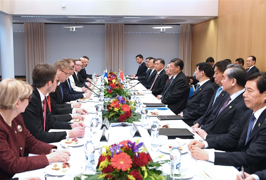 Chinese President Xi Jinping meets with Finnish Prime Minister Juha Sipila in Helsinki, Finland, April 5, 2017. (Xinhua/Rao Ainmin)