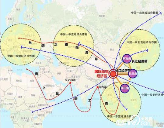 成都天府国际机场航线（蓝色）与“一带一路”（红色）关系示意图。