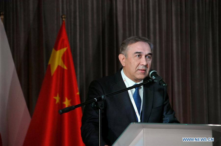 Grzegorz Czelej, deputy marshal of the Polish Senate and chairman of the Polish-Chinese Parliamentary Group, addresses the Polish-Chinese international conference in Opole, southwest Poland, on April 25, 2017. China