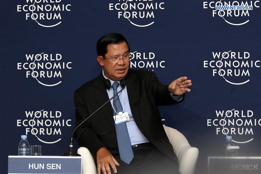Cambodian Prime Minister Samdech Techo Hun Sen gestures during a press conference at the World Economic Forum on ASEAN in Phnom Penh, Cambodia, on May 11, 2017. Samdech Techo Hun Sen said on Thursday that the China-proposed Belt and Road Initiative gives hope to developing countries in their infrastructure development. (Xinhua/Sovannara)
