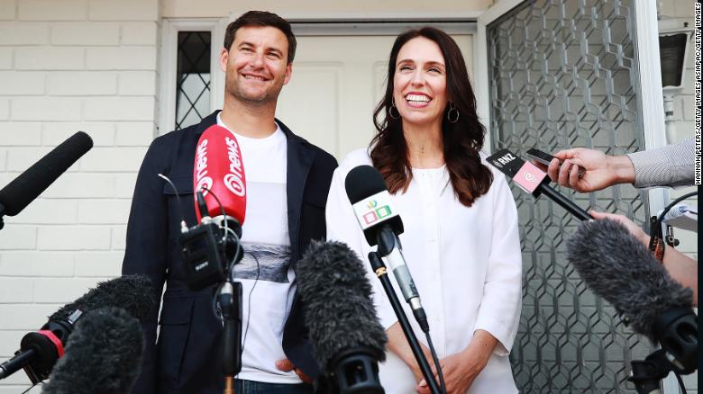 Prime Minister Jacinda Ardern and her partner Clarke Gayford speak to the media January 19 in Auckland.