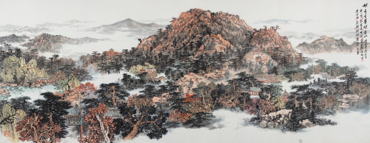 《秋色金华映香山》 庄小雷、郭宝君、牛朝、买鸿钧、徐卫国、乐祥海、范琛、刘旭、陈倩合作 145cm×360cm 2024年 纸本设色