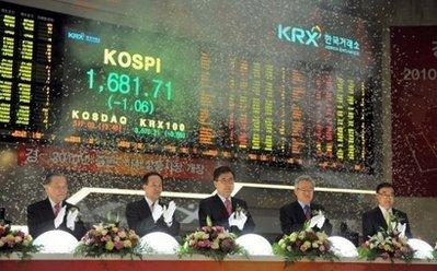 South&nbsp;Korea's&nbsp;Financial&nbsp;Services&nbsp;Commission&nbsp;chairman&nbsp;Chin&nbsp;Dong-Soo&nbsp;(centre)&nbsp;and&nbsp;officers&nbsp;celebrate&nbsp;during&nbsp;the&nbsp;New&nbsp;Year's&nbsp;opening&nbsp;of&nbsp;the&nbsp;stock&nbsp;market&nbsp;at&nbsp;the&nbsp;Korea&nbsp;Exchange&nbsp;in&nbsp;Seoul&nbsp;on&nbsp;January&nbsp;4.&nbsp;Asian&nbsp;markets&nbsp;began&nbsp;the&nbsp;new&nbsp;decade&nbsp;broadly&nbsp;higher&nbsp;Monday&nbsp;with&nbsp;dealers&nbsp;in&nbsp;Tokyo&nbsp;lifted&nbsp;by&nbsp;news&nbsp;of&nbsp;extended&nbsp;credit&nbsp;to&nbsp;Japan&nbsp;Airlines&nbsp;and&nbsp;a&nbsp;strong&nbsp;yen&nbsp;as&nbsp;well&nbsp;as&nbsp;upbeat&nbsp;jobs&nbsp;data&nbsp;in&nbsp;the&nbsp;United&nbsp;States.(AFP/Jung&nbsp;Yeon-Je)&nbsp;
