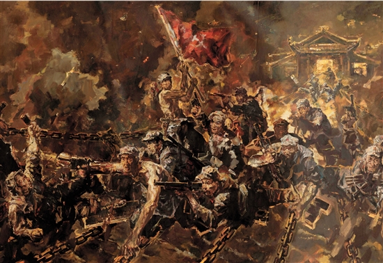 井士剑 郭健濂 飞夺泸定桥（局部） 300×800cm 油画 2016年 中国国家博物馆藏