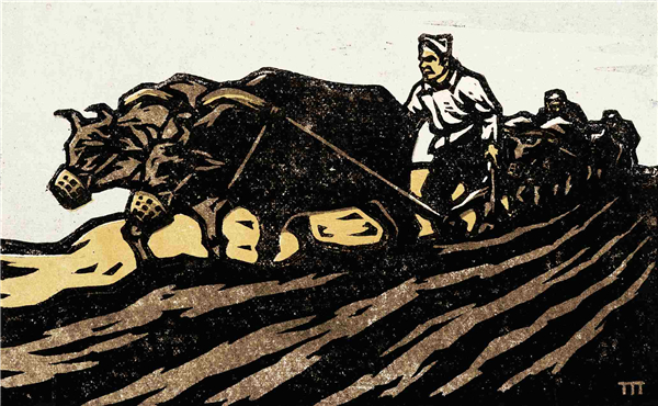 牛犋变工队（版画）    11.4×18.8厘米    1943年    胡一川    中国美术馆藏