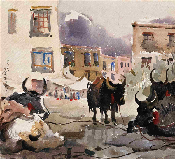 拉萨菜市（水彩）     24.3×26.5厘米    1960年    吴冠中    中国美术馆藏