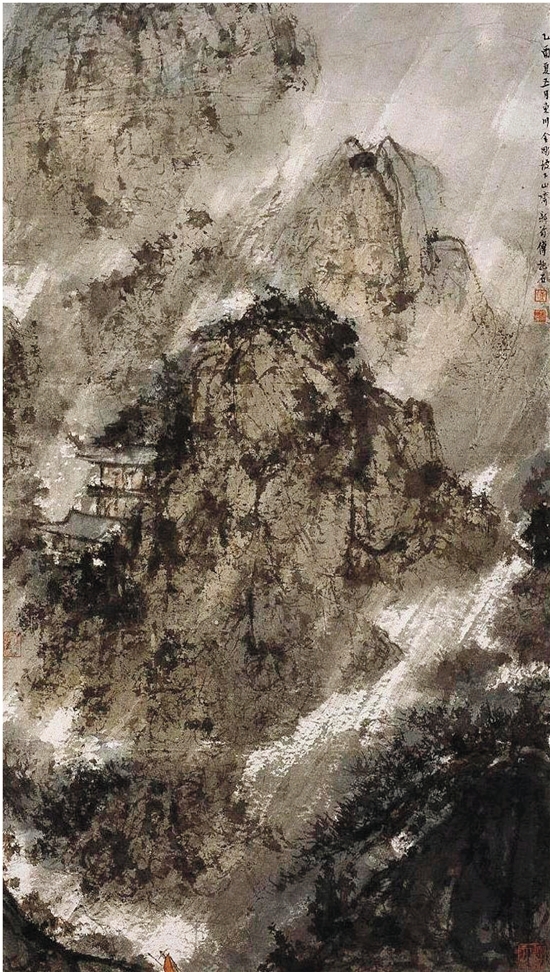 傅抱石 暮雨僧归图 103.5×59.4cm 纸本设色 1945年