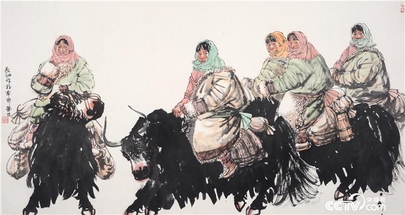 吴长江-骑牦牛的藏族女孩-纸本-82×153cm-2011