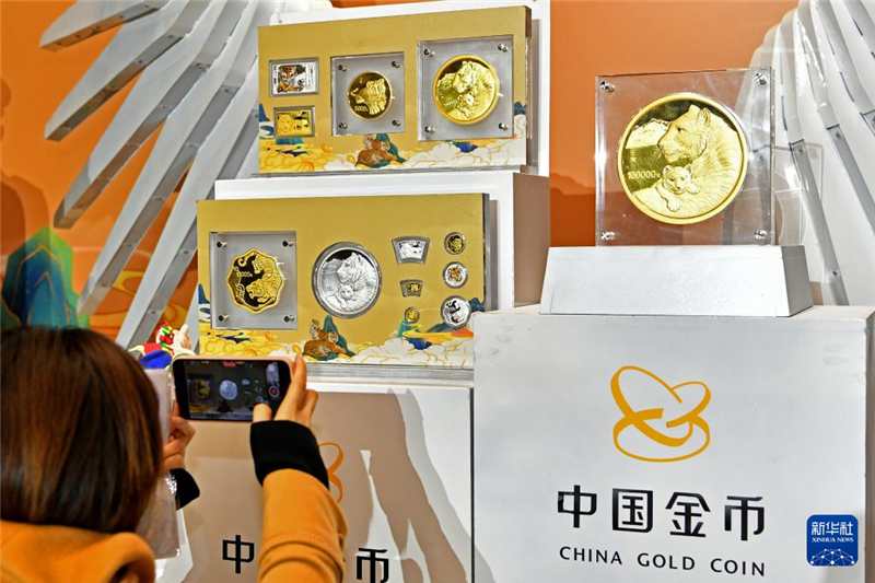  11月18日，在北京举行的2022中国壬寅（虎）年金银纪念币品鉴会上，与会者拍摄现场展示的纪念币。
