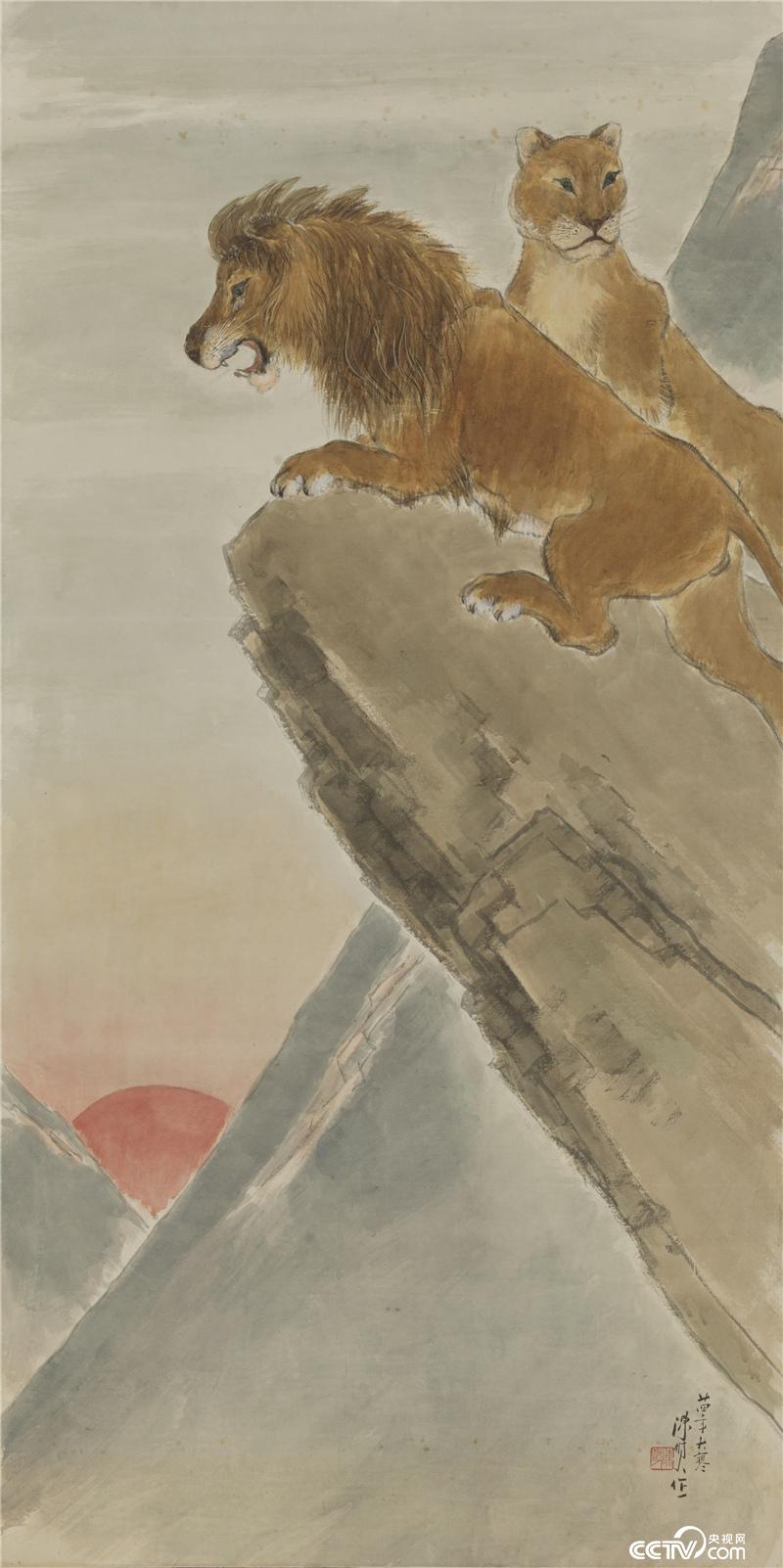 落日双狮  陈树人 1935年 172.8×86.4cm  纸本设色  