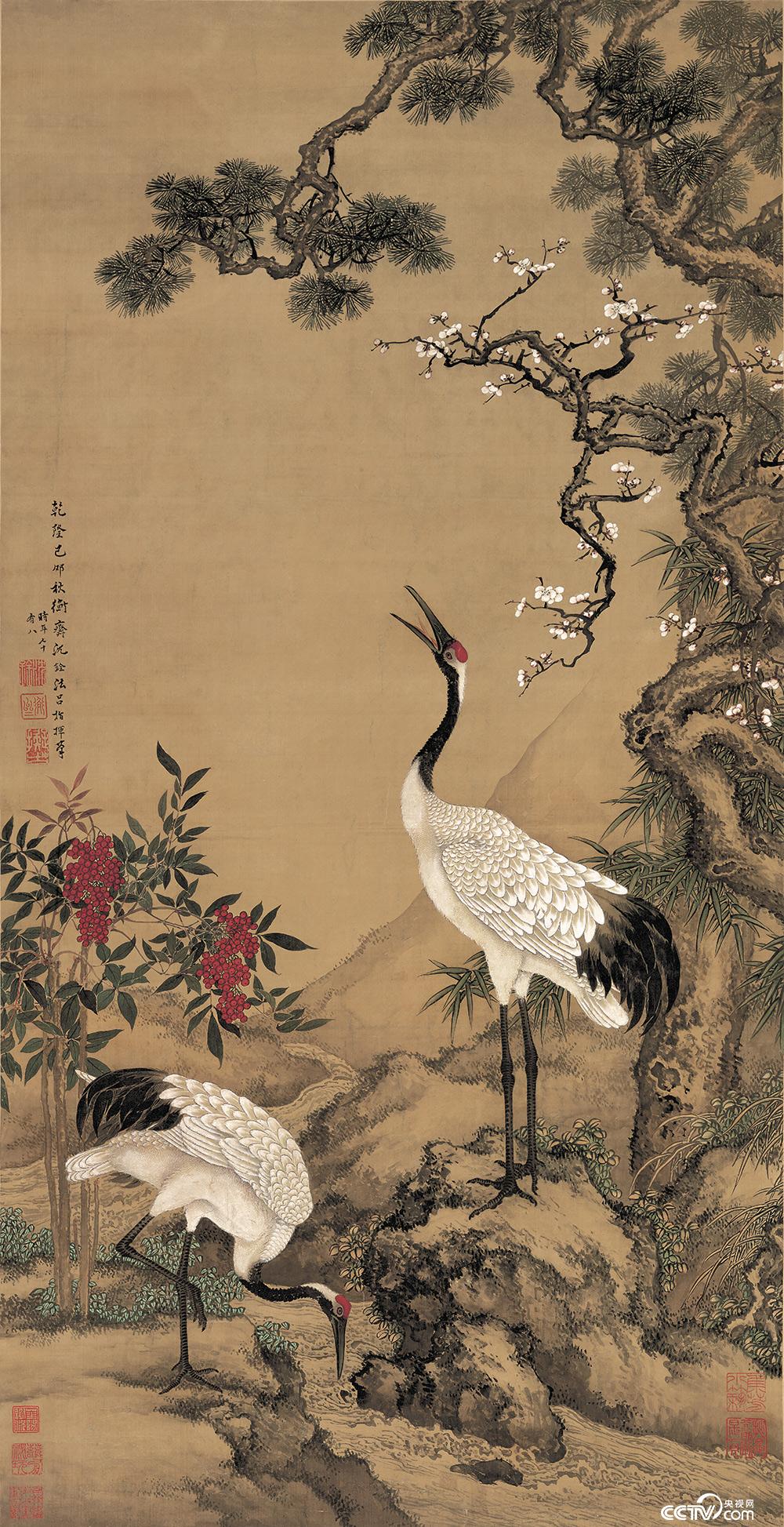 央视画廊】传世墨迹——吉祥名画沈铨《松梅双鹤图》_央博_央视网(cctv.com)