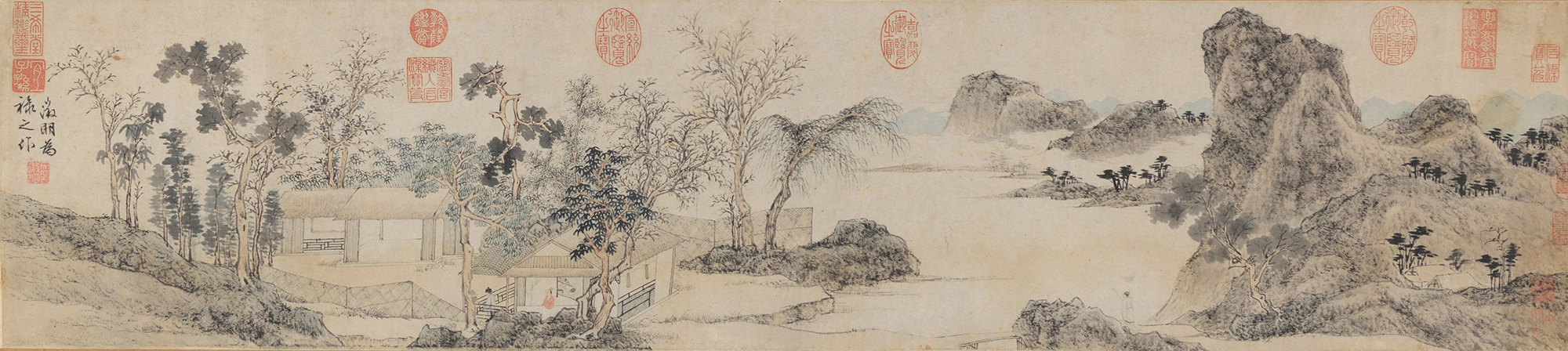 林榭煎茶图卷 天津博物馆藏 文徵明 明 25.7×114.9cm 纸本设色