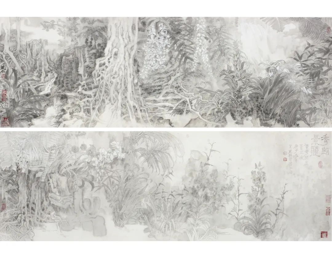 《幽花叠影》  莫晓松  50×152cm×2  2023年  纸本设色
