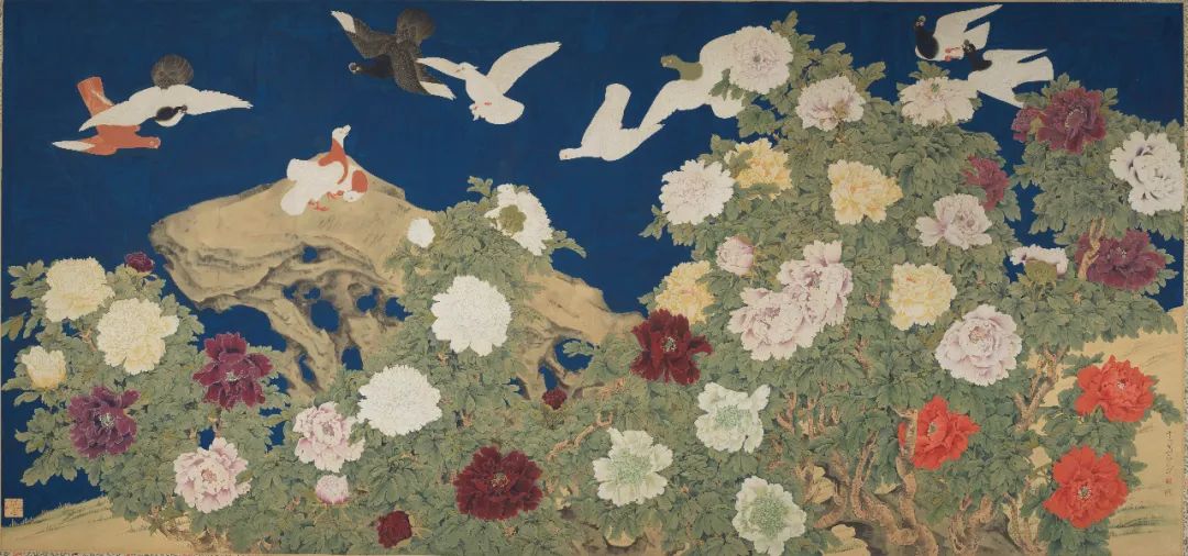 牡丹·和平  于非闇  中国画  129×275.5cm   1952年  中国人民对外友好协会藏
