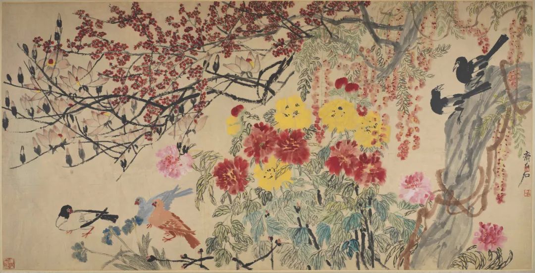 百花与和平鸽  齐白石  中国画  138.5×275.5cm  1952年  中国人民对外友好协会藏