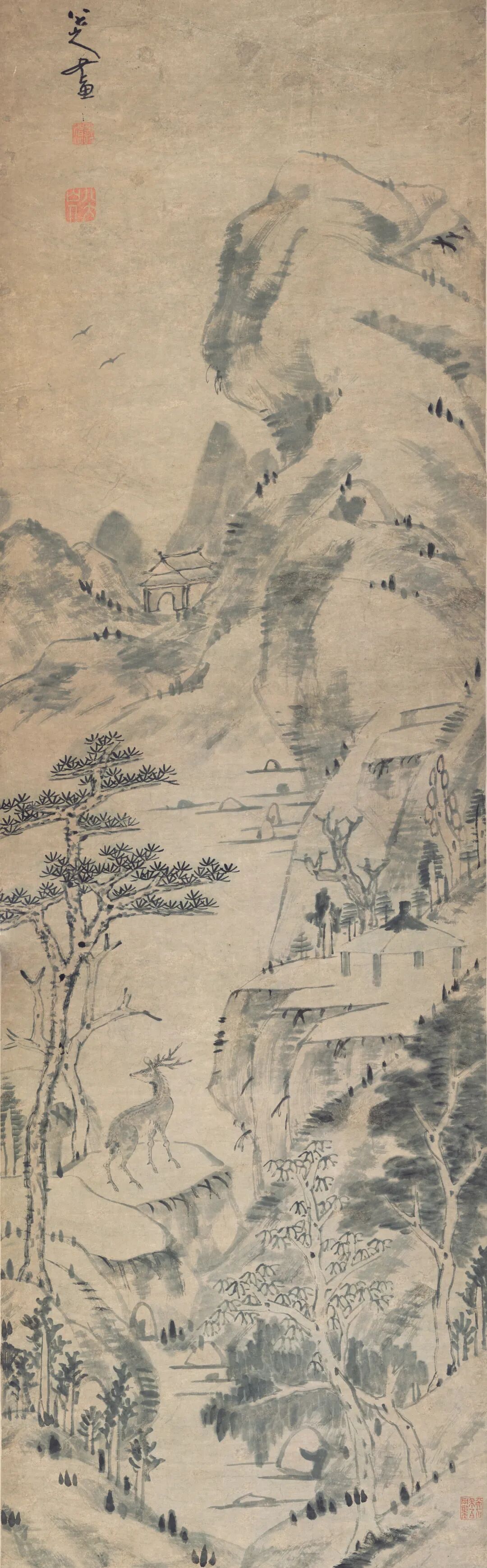 山岗游鹿图  八大山人  中国画  154.5&times;46.5cm  清代  广州艺术博物院藏