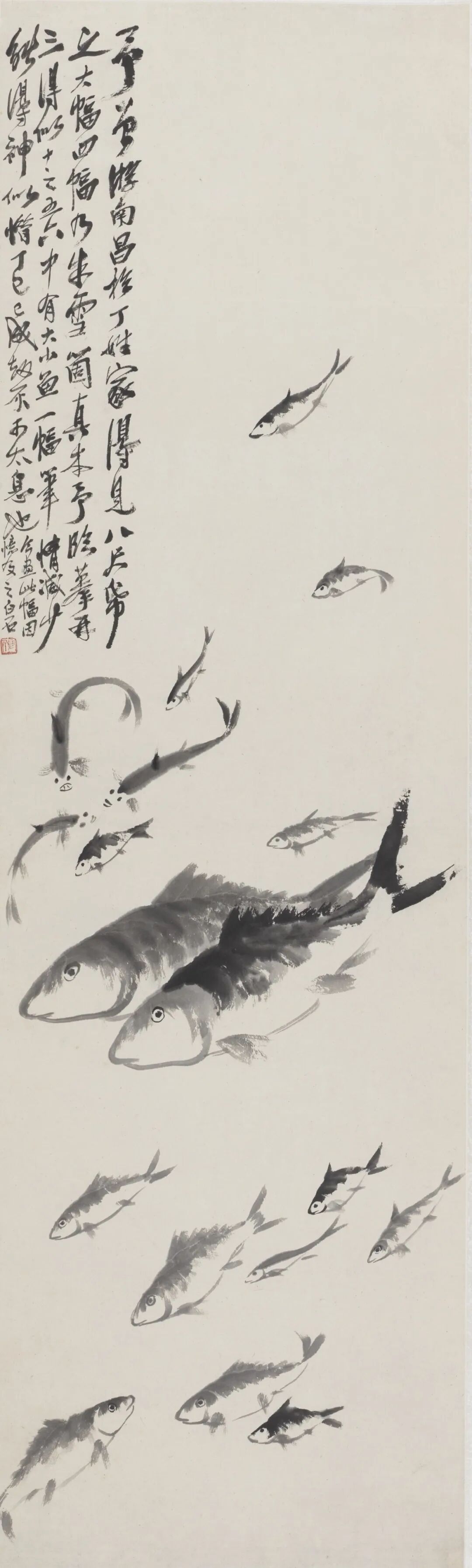 群鱼  齐白石  中国画  136.2&times;41.1cm  1917年  中国美术馆藏